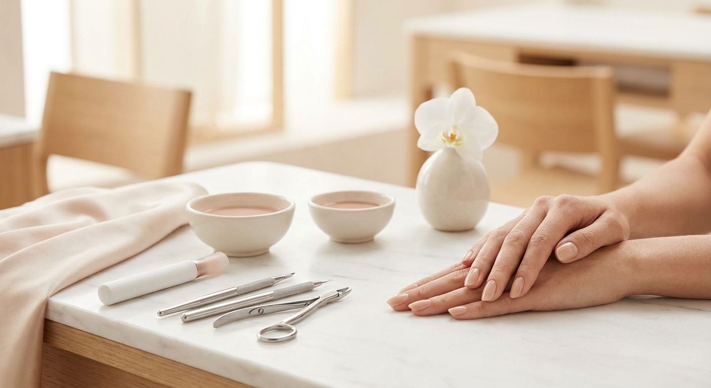 Hände mit gepflegten Nägeln auf einem Tisch mit Kosmetikprodukten und einer Blume.