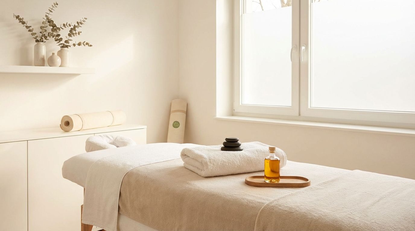 Ein gemütlicher Behandlungsraum mit einem Massagetisch, Handtüchern und ätherischen Ölen.