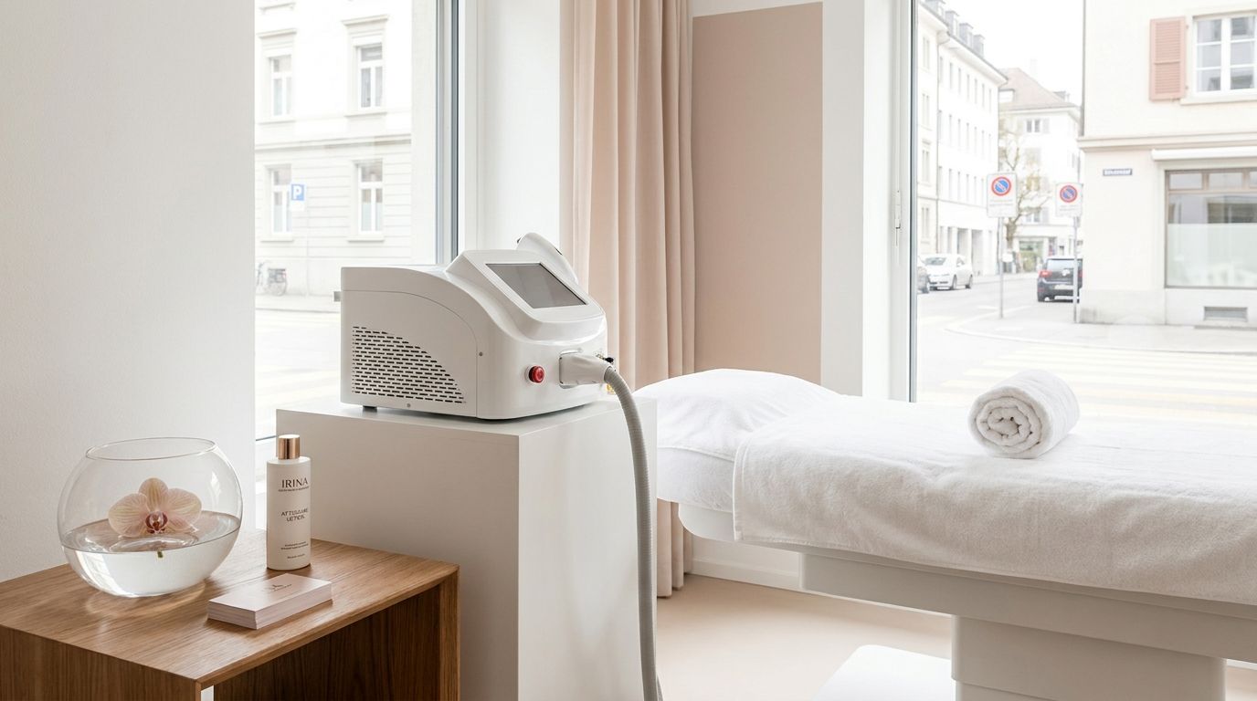 Behandlungsraum im Kosmetikstudio mit Gerät zur Laser-Haarentfernung und Handtuch auf der Liege.