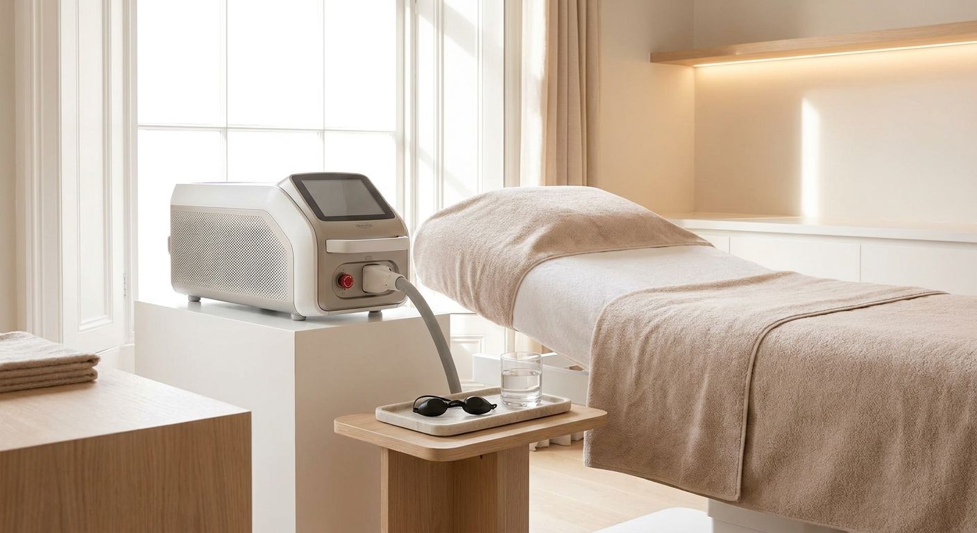 Modernes Kosmetikstudio mit Lasergerät und Behandlungsliege.